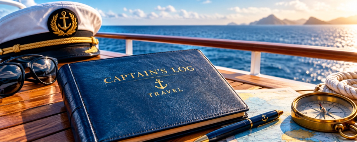 A captain's log book, captain's hat, compass, and chart on a ship's deck at sunset