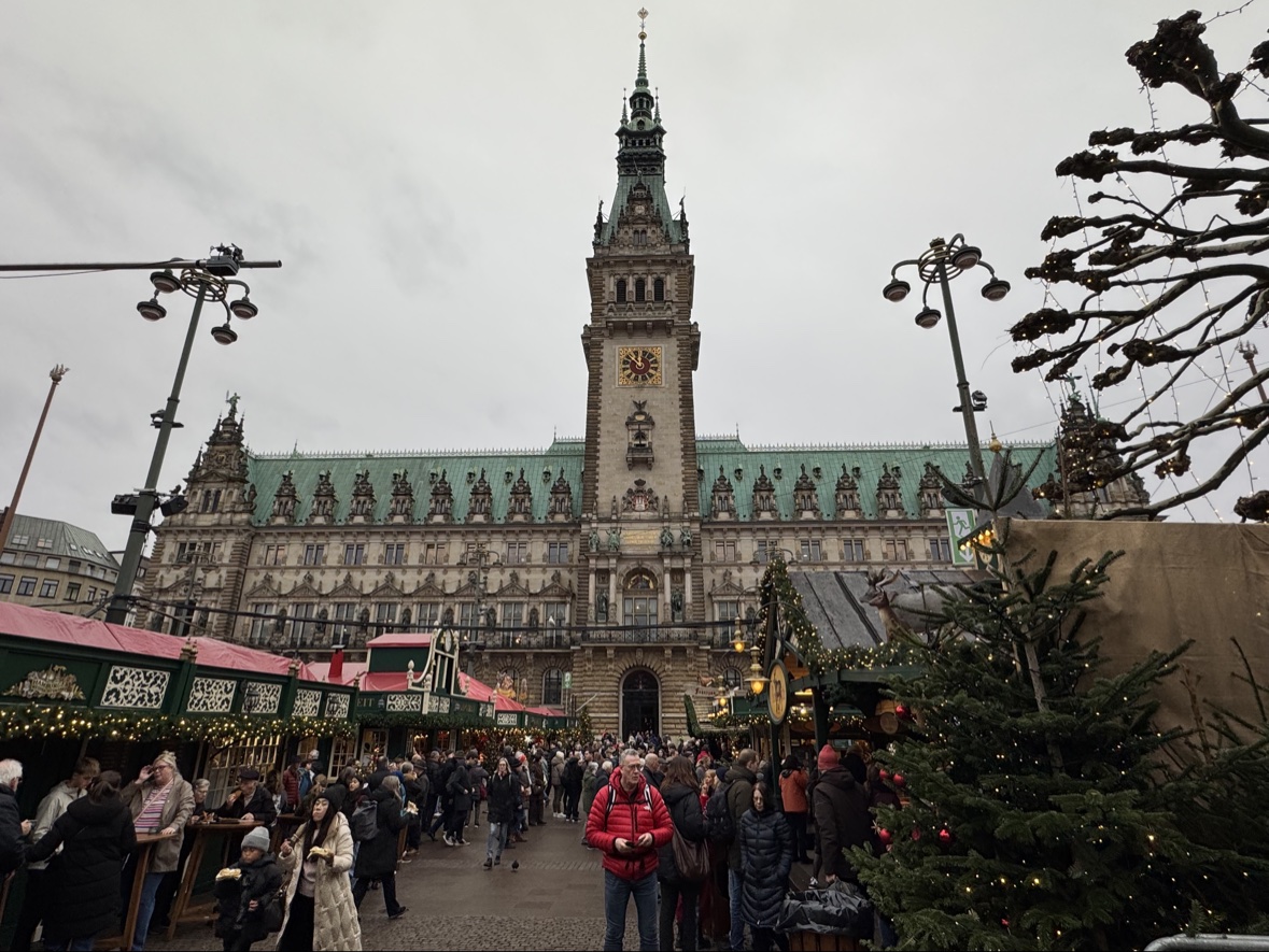 Hamburg's Christmas market stalls in front of the Rathaus, the grand city hall