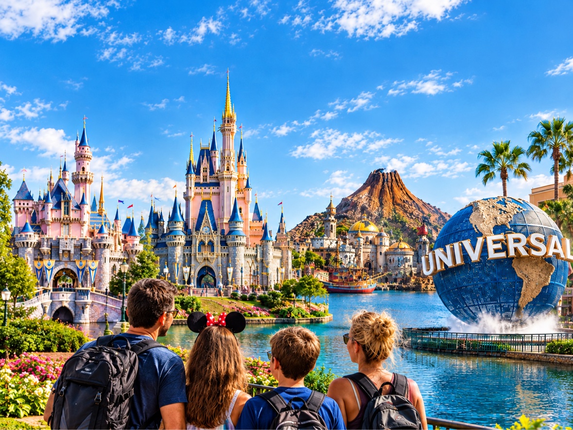 A family looking toward Sleeping Beauty Castle, Cinderella Castle, Tokyo DisneySea's Mount Prometheus, and the Universal globe