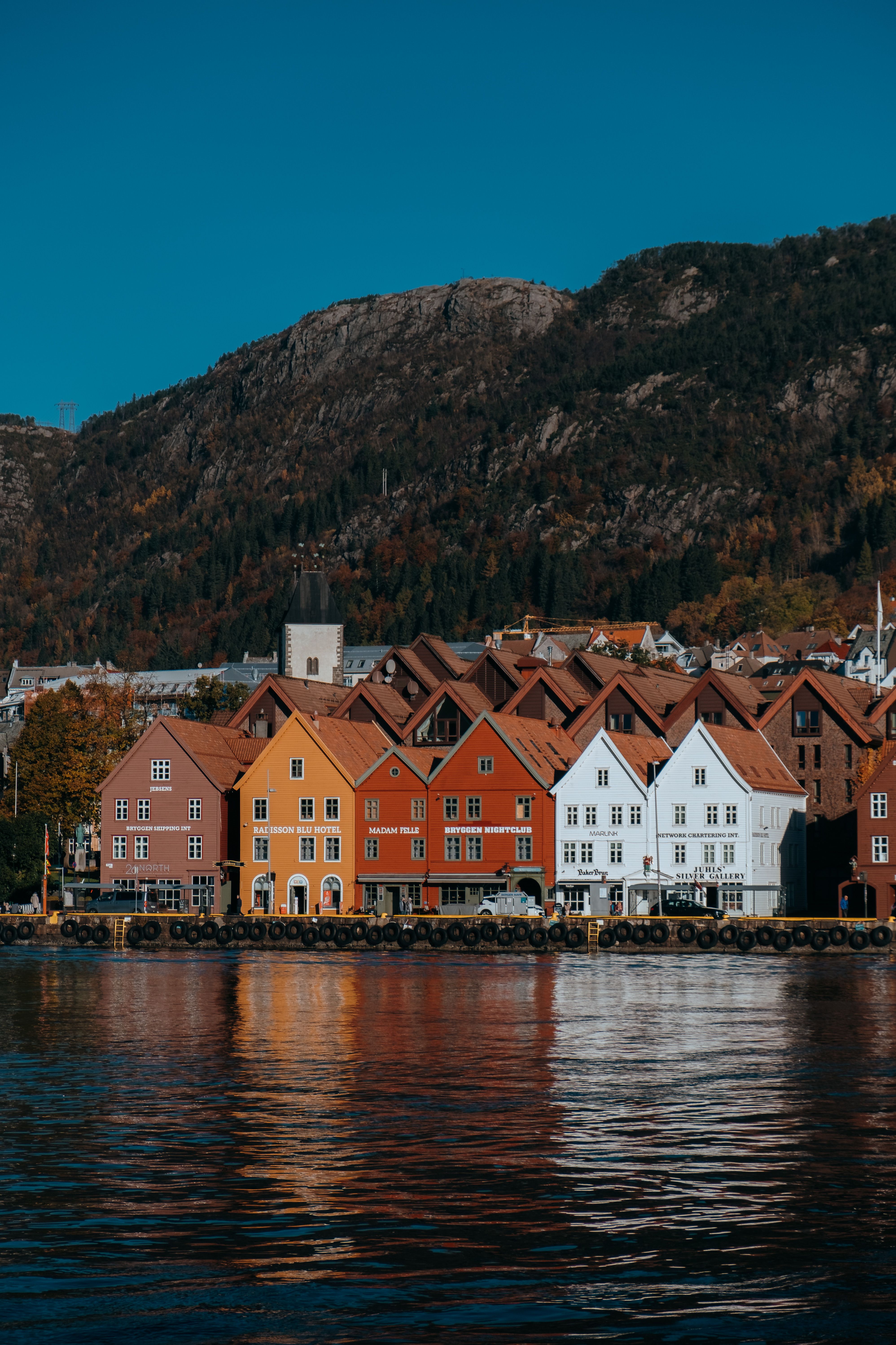 The historic Bryggen trade houses in Bergen, Norway, reflected in the water