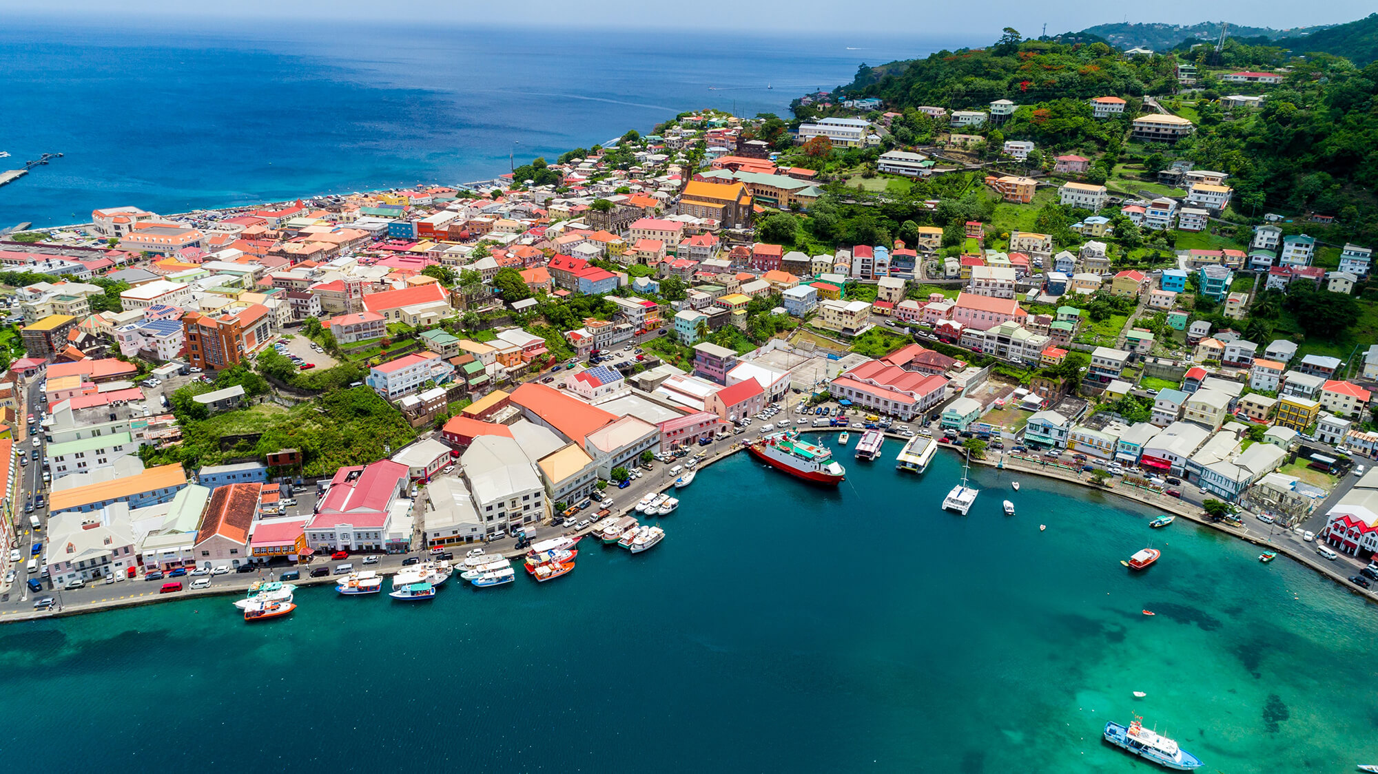 Aerial view of St. George's harbor and colorful rooftops, Grenada